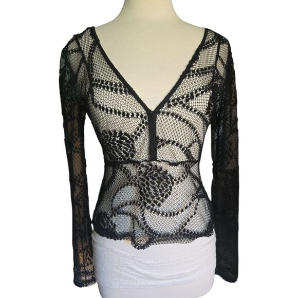 Silence + Noise Black Mesh Plunging Neckline Top - M - Picture 3 of 9